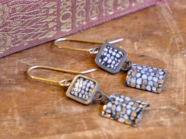 Oxidised Silver Square Framed Drop Earrings with Blue Enamel and Gold Lustre