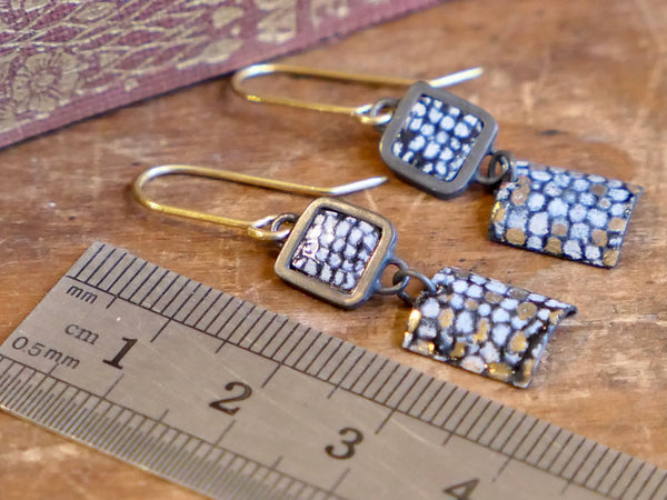 Oxidised Silver Square Framed Drop Earrings with Blue Enamel and Gold Lustre