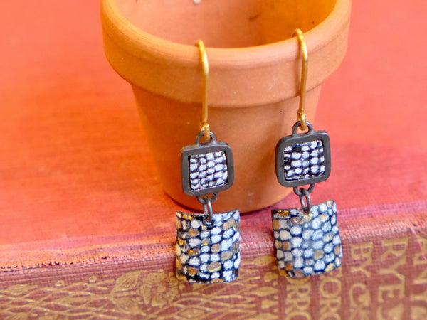 Oxidised Silver Square Framed Drop Earrings with Blue Enamel and Gold Lustre