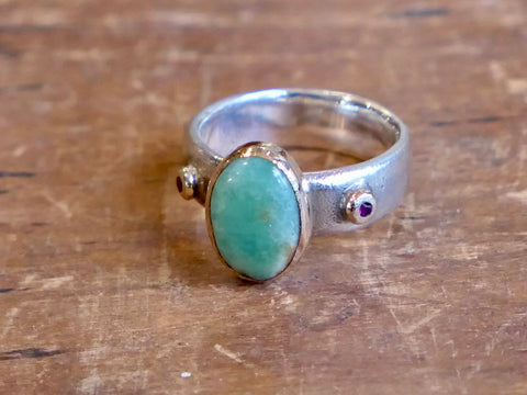 Sterling Silver and Gold Ring set with Chrysoprase and Ruby