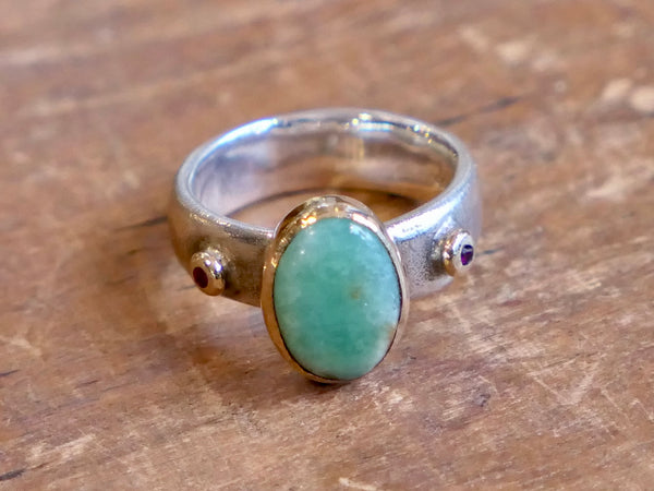 Sterling Silver and Gold Ring set with Chrysoprase and Ruby
