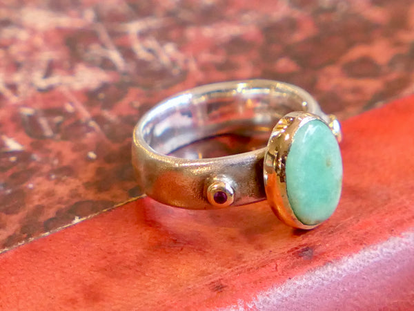 Sterling Silver and Gold Ring set with Chrysoprase and Ruby