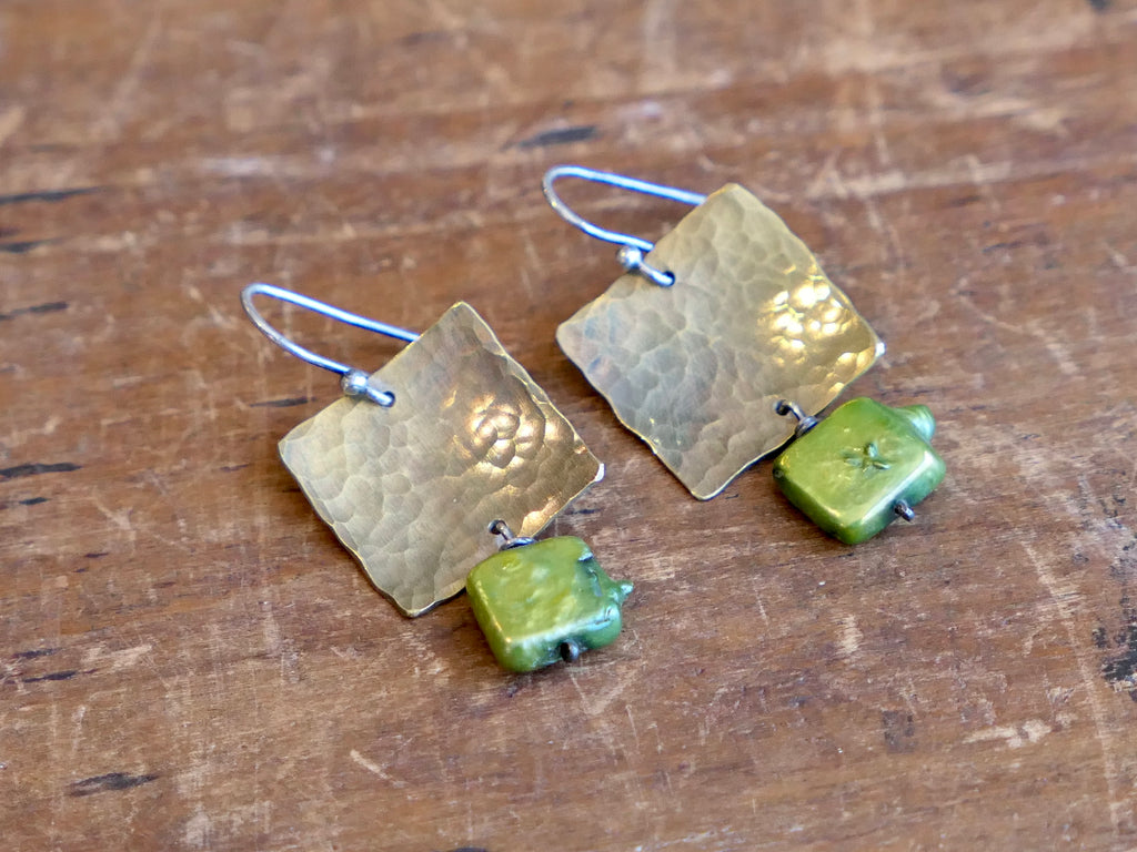 Brass Earrings with Green Pearl.