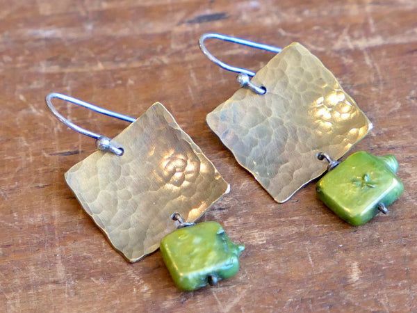 Brass Earrings with Green Pearl.