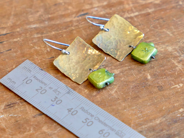 Brass Earrings with Green Pearl.