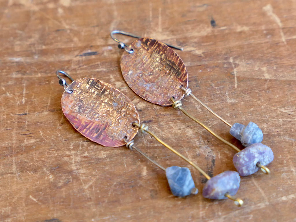 Oval Copper and Silver Dangle Earrings