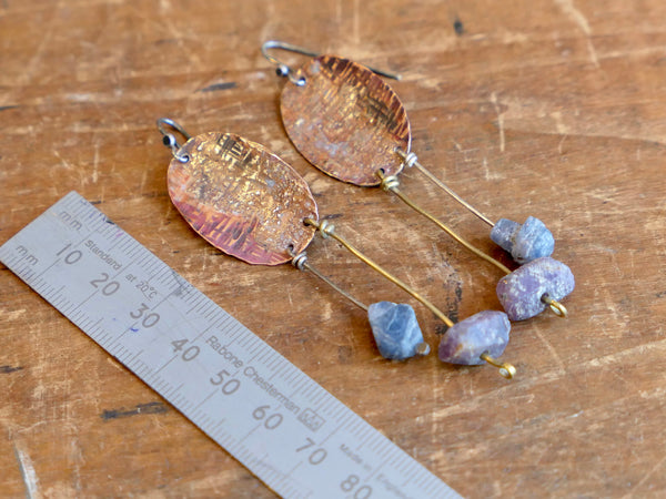 Oval Copper and Silver Dangle Earrings