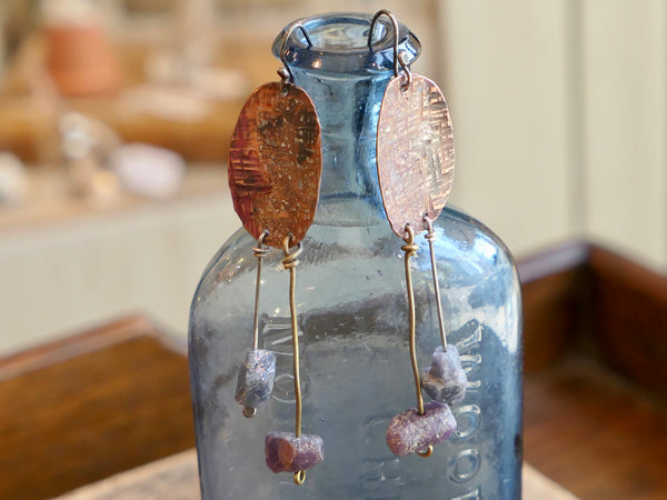 Oval Copper and Silver Dangle Earrings