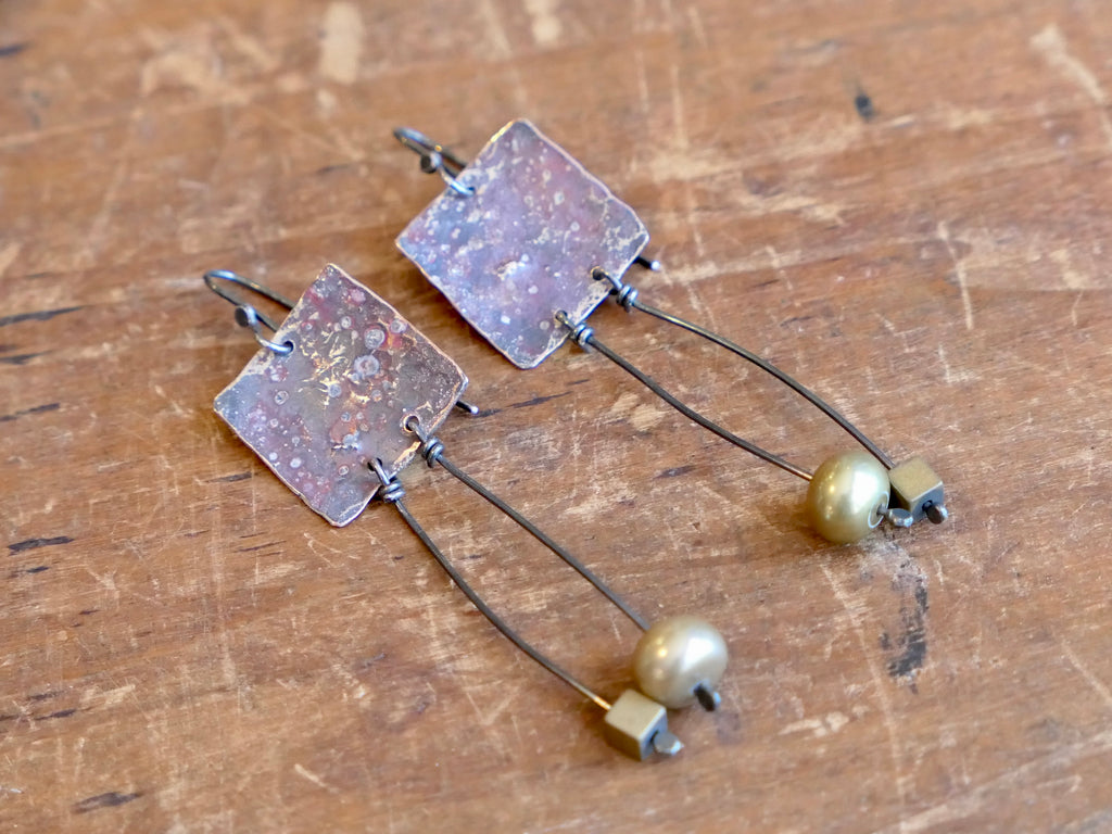 Square Copper and Silver Dangle Earrings