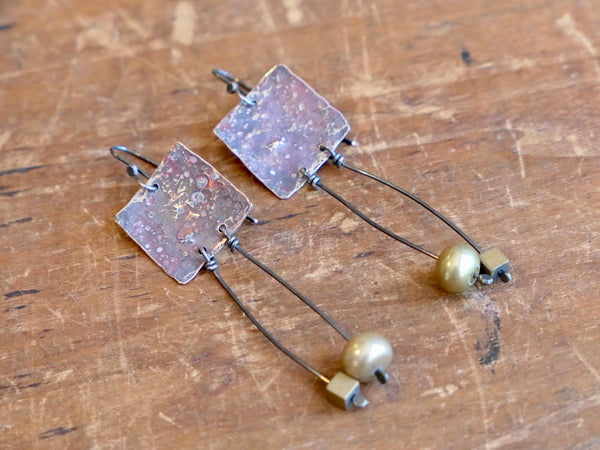 Square Copper and Silver Dangle Earrings