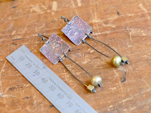 Square Copper and Silver Dangle Earrings