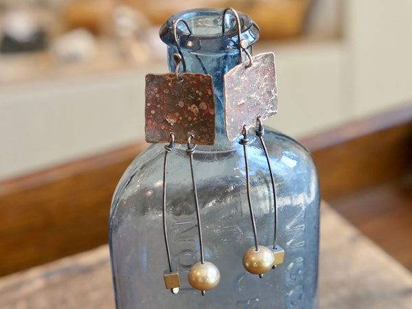 Square Copper and Silver Dangle Earrings