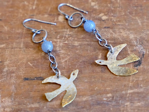 Brass Birds on Chain Earrings with Blue Bead