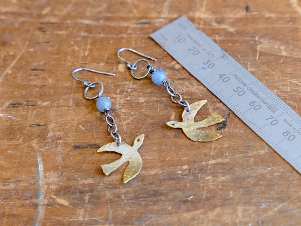 Brass Birds on Chain Earrings with Blue Bead