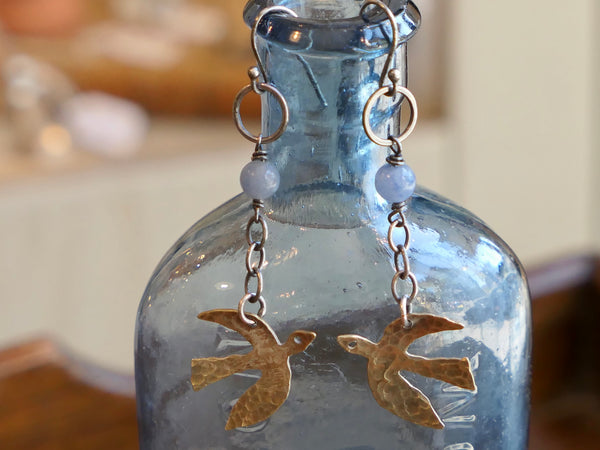 Brass Birds on Chain Earrings with Blue Bead