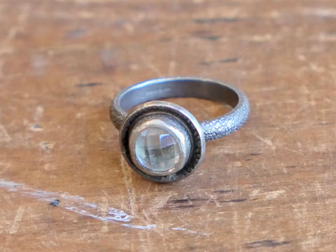 Oxidised Silver Cup Ring with Chequerboard Cut Blue Topaz