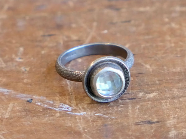 Oxidised Silver Cup Ring with Chequerboard Cut Blue Topaz
