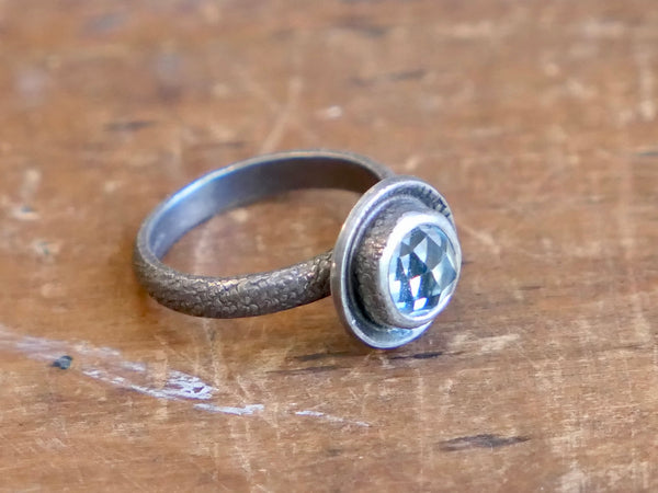 Oxidised Silver Cup Ring with Chequerboard Cut Blue Topaz