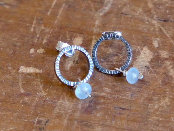 Oxidised Circle Studs with Aquamarine