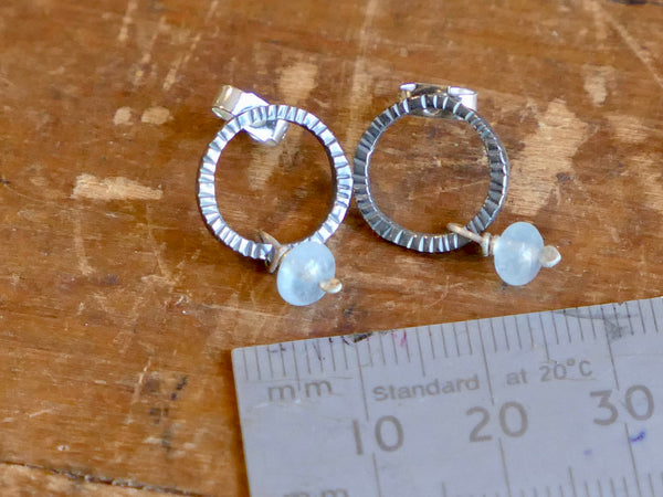 Oxidised Circle Studs with Aquamarine