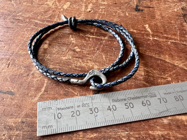 Charles Silver and Braided Leather Skinny Bracelet Indigo Blue