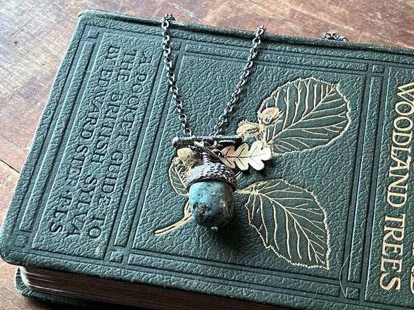 Medium Peruvian Blue Opal Acorn Pendant with Brass Oak Leaf