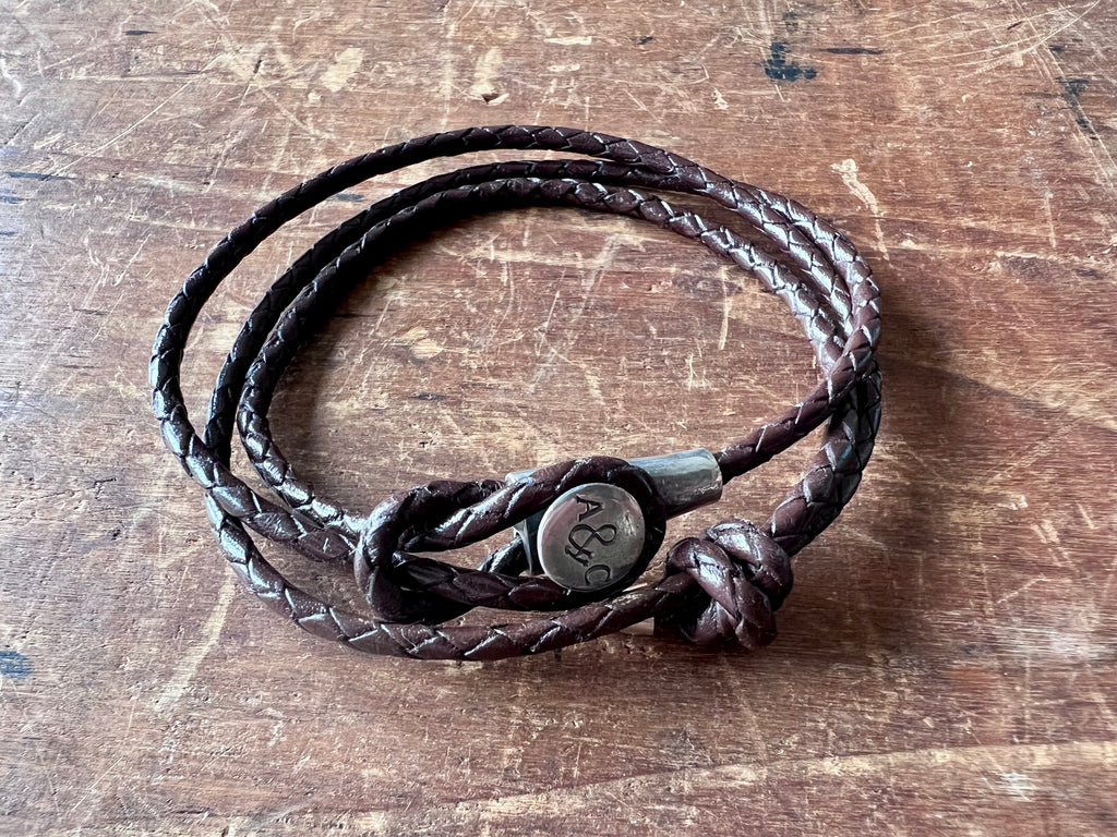 Dundee Silver and Braided Leather Bracelet Dark Brown