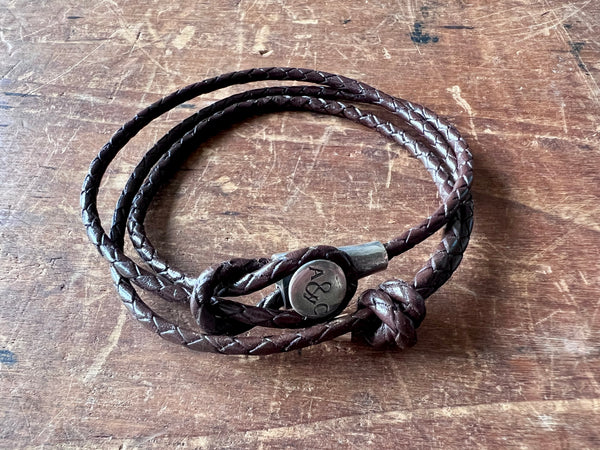 Dundee Silver and Braided Leather Bracelet Dark Brown