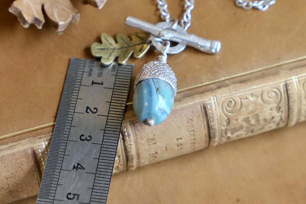 Small Acorn Pendant with Blue Agate and Brass Leaf