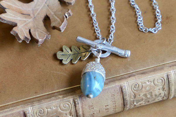 Small Acorn Pendant with Blue Agate and Brass Leaf