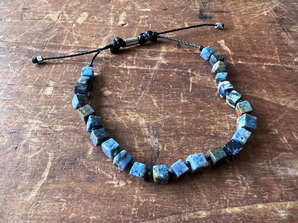 Blue Dumortierite, Silver and Stone Skinny Macrame Bracelet