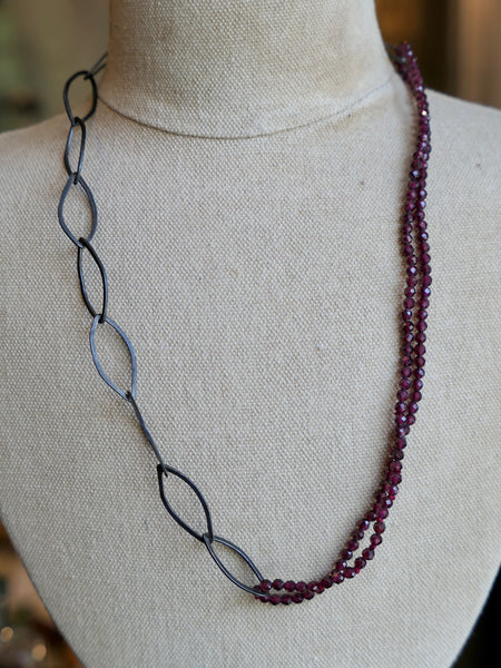Oxidised Silver Leaf and Garnet Bead Necklace