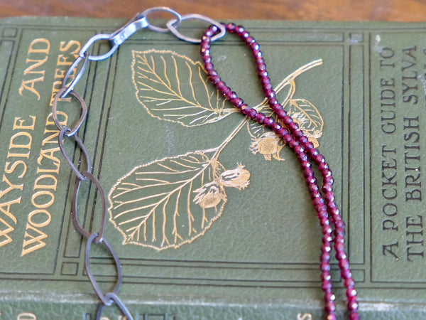 Oxidised Silver Leaf and Garnet Bead Necklace