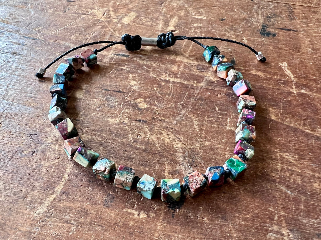 Multi-Coloured Imperial Jasper Silver and Stone Skinny Macrame Bracelet