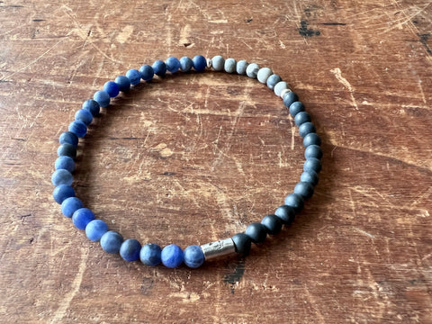 Blue Sodalite, Black Onyx and Grey Jasper, Silver and Stone Skinny Bracelet
