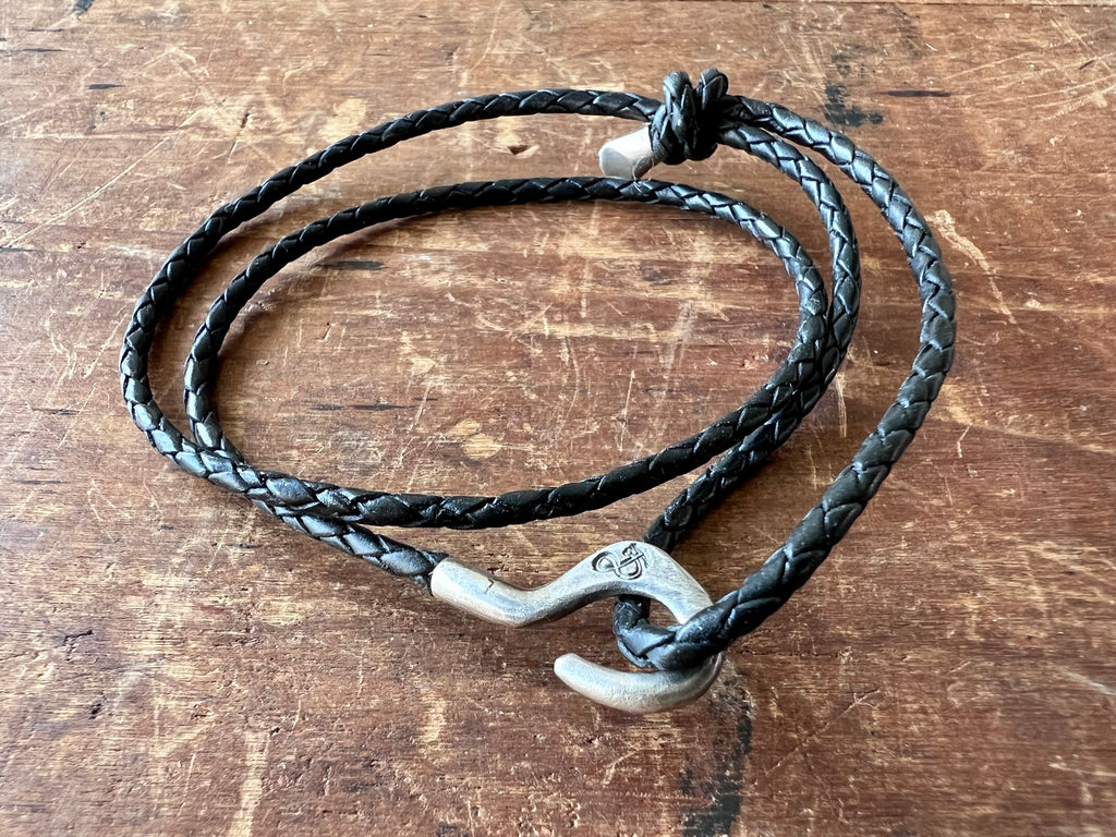 Charles Silver and Braided Leather Skinny Bracelet Midnight Black