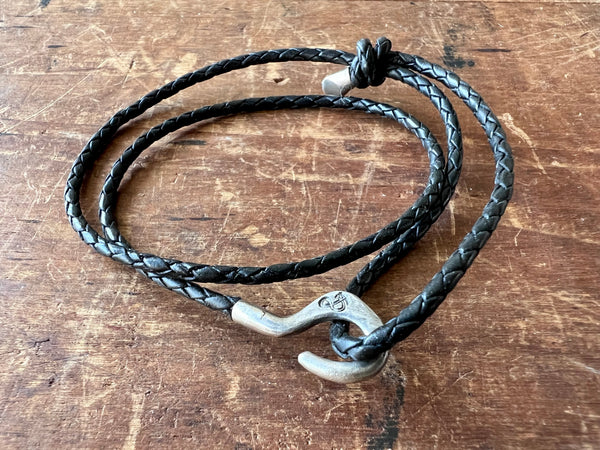 Charles Silver and Braided Leather Skinny Bracelet Midnight Black
