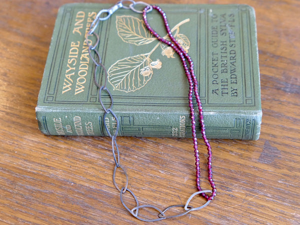 Oxidised Silver Leaf and Garnet Bead Necklace