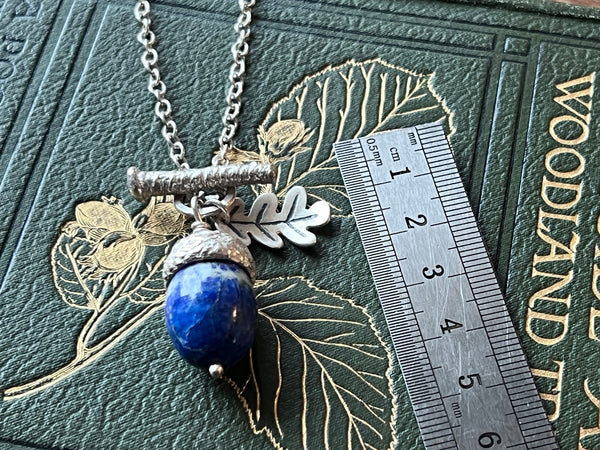 Medium Acorn Pendant Lapis Lazuli Acorn, Silver Chain and Oak Leaf