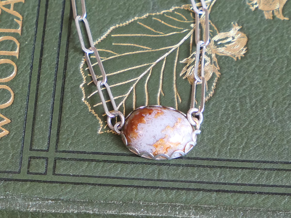 Vintage and Preloved Sterling Silver Paperclip Chain with Moss Agate Stone