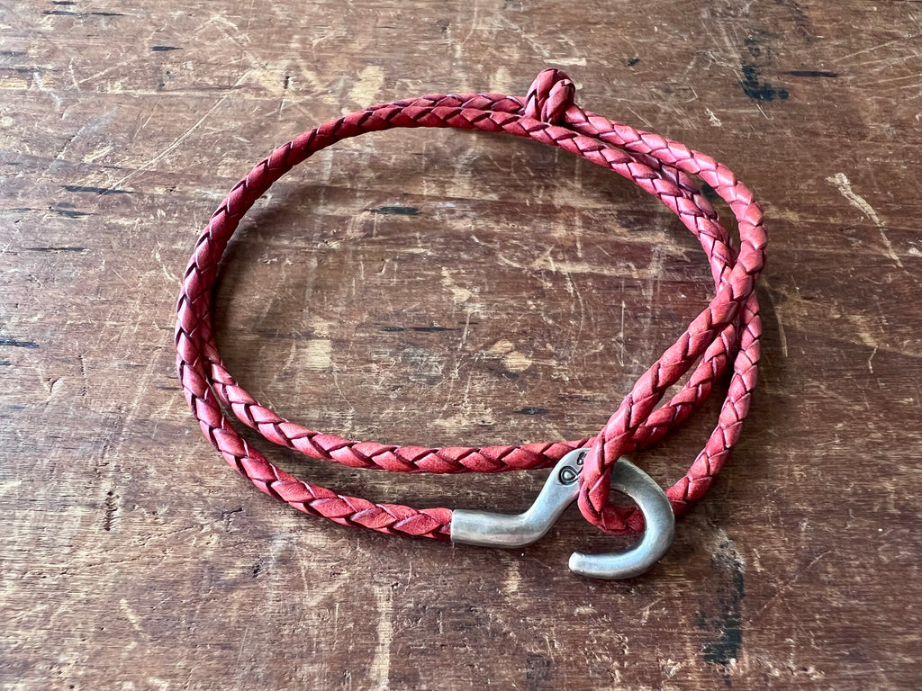 Charles Silver and Braided Leather Skinny Bracelet Amber Red