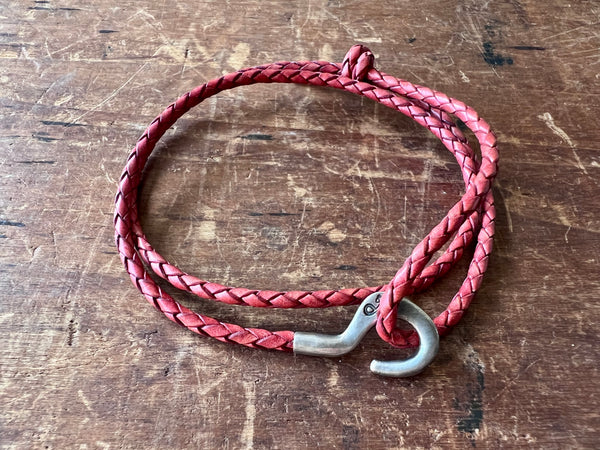 Charles Silver and Braided Leather Skinny Bracelet Amber Red
