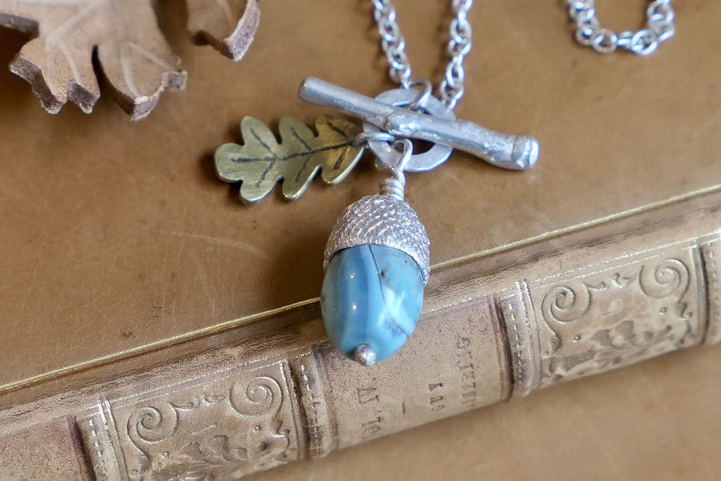 Small Acorn Pendant with Blue Agate and Brass Leaf