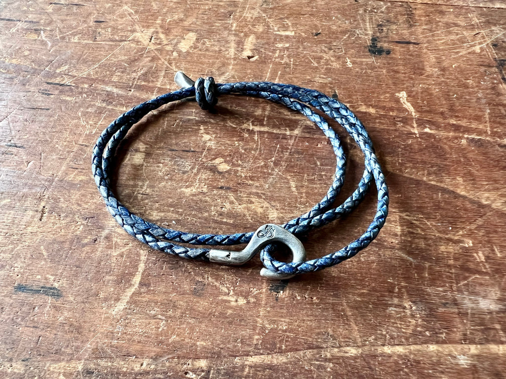 Charles Silver and Braided Leather Skinny Bracelet Indigo Blue