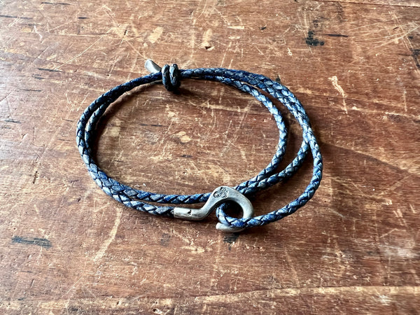 Charles Silver and Braided Leather Skinny Bracelet Indigo Blue
