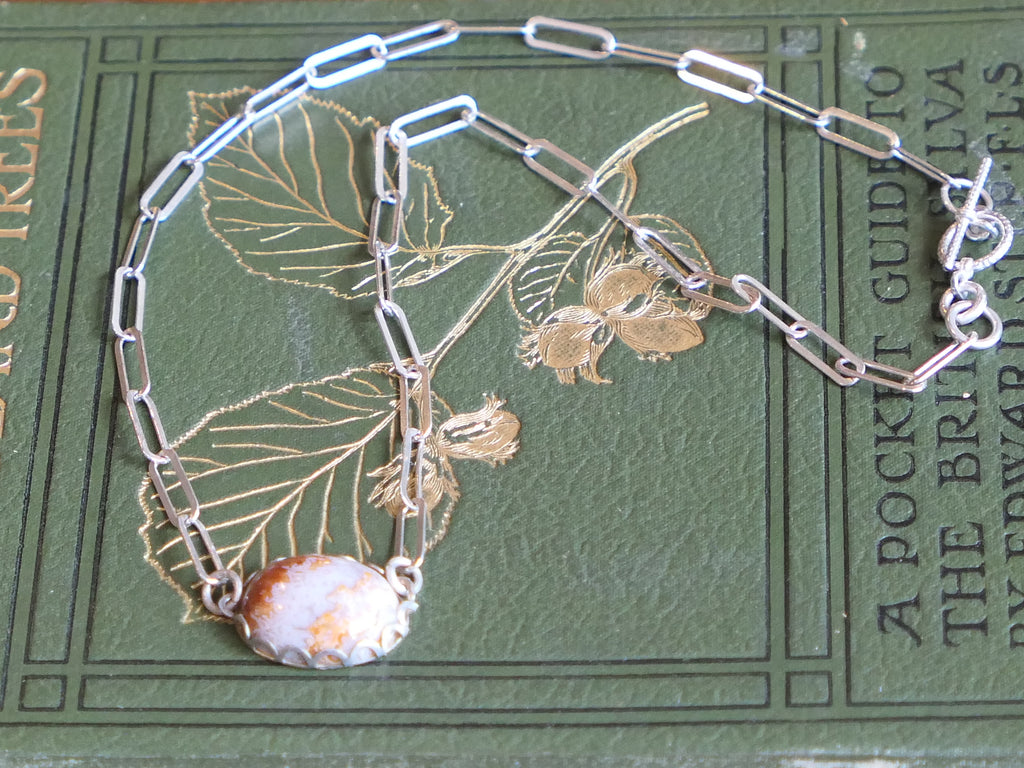 Vintage and Preloved Sterling Silver Paperclip Chain with Moss Agate Stone