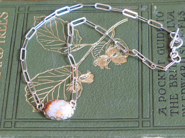 Vintage and Preloved Sterling Silver Paperclip Chain with Moss Agate Stone