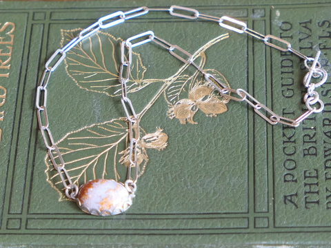 Vintage and Preloved Sterling Silver Paperclip Chain with Moss Agate Stone