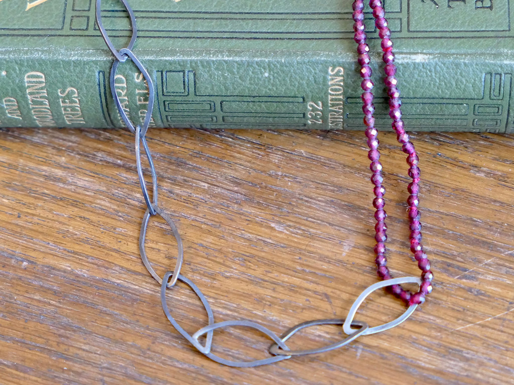 Oxidised Silver Leaf and Garnet Bead Necklace