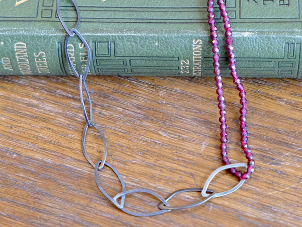 Oxidised Silver Leaf and Garnet Bead Necklace